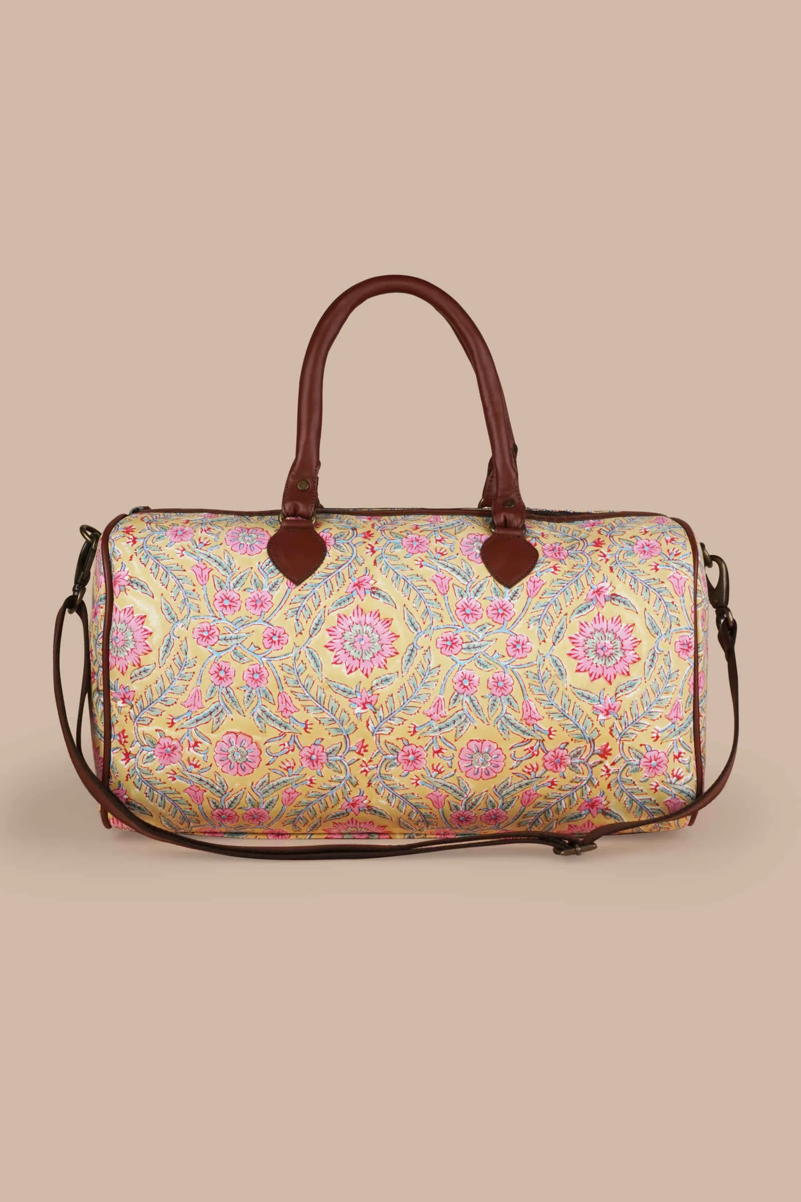 French Martini Hand Block Printed Yellow Duffle Bag