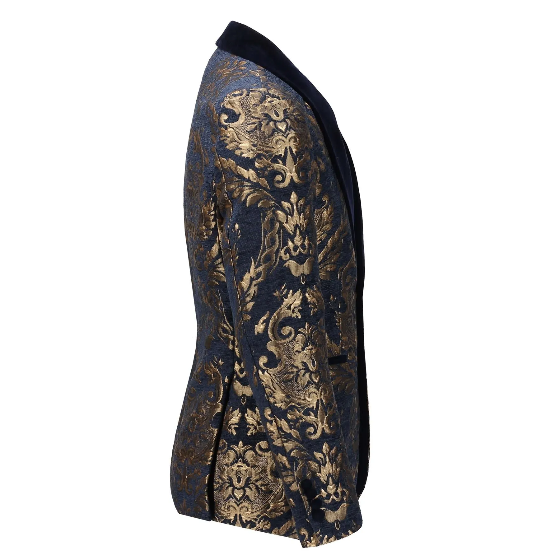 GLEN - GOLD BROCADE ON FLOCKED NAVY VELVET LAPEL JACQUARD BLAZER