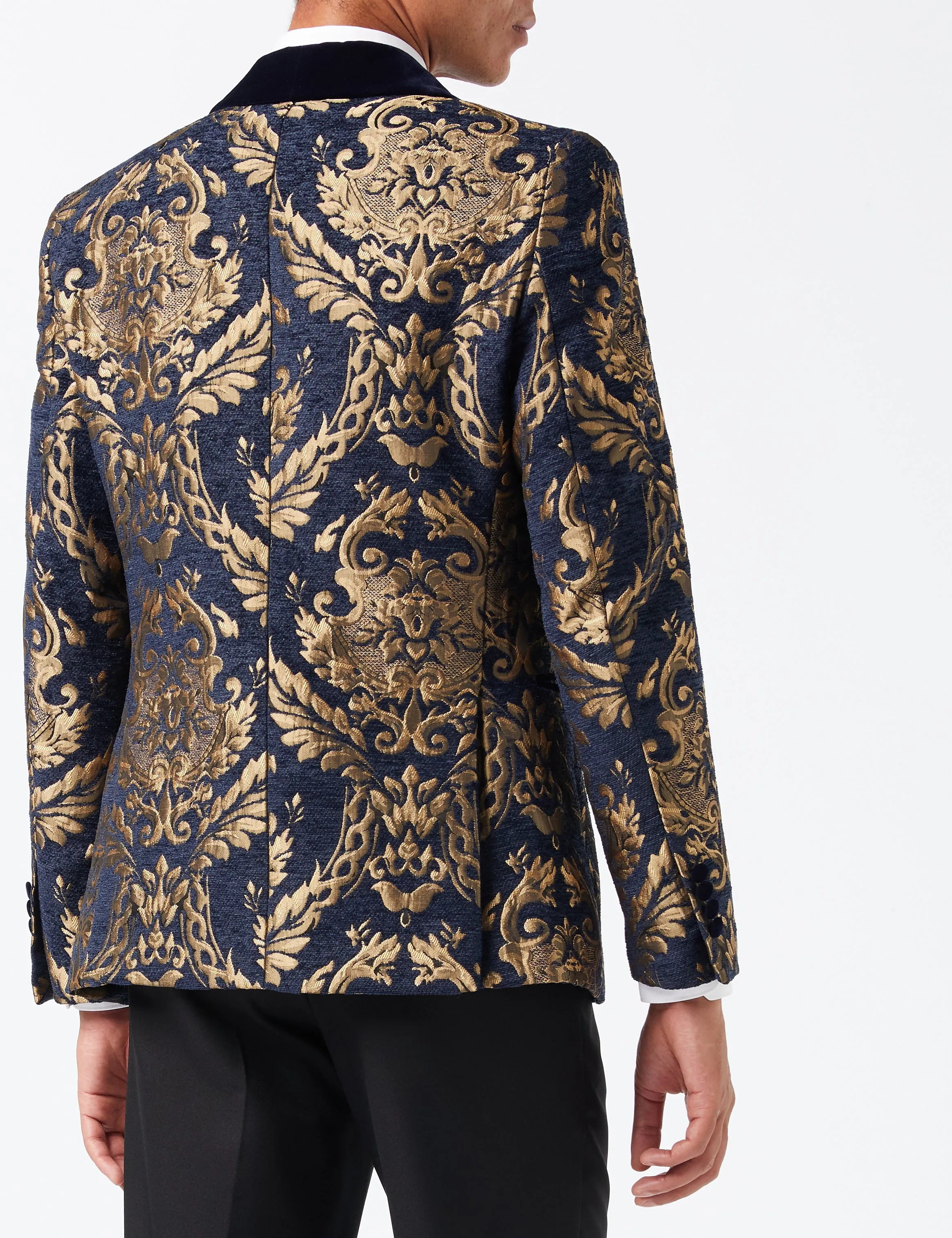 GLEN - GOLD BROCADE ON FLOCKED NAVY VELVET LAPEL JACQUARD BLAZER