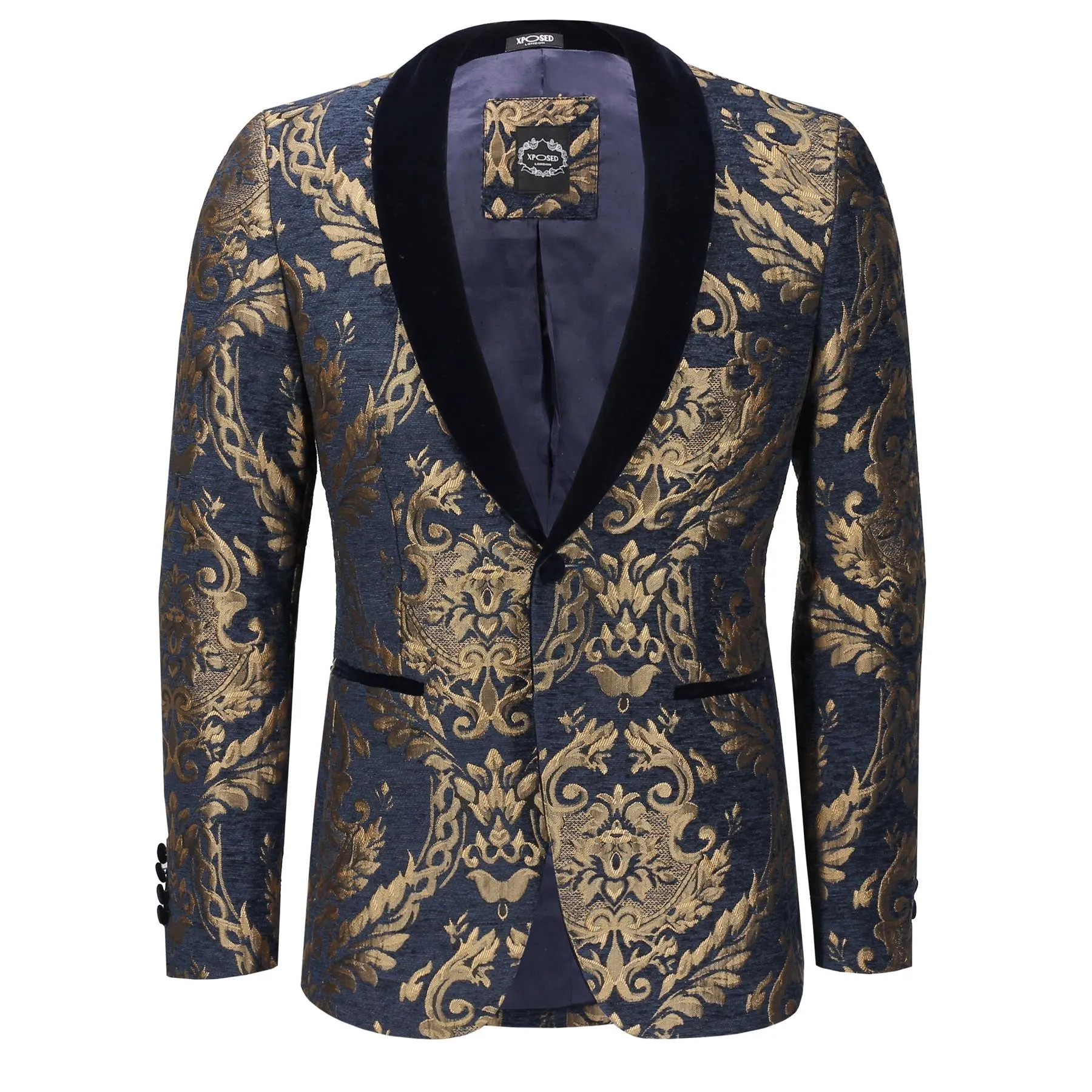 GLEN - GOLD BROCADE ON FLOCKED NAVY VELVET LAPEL JACQUARD BLAZER