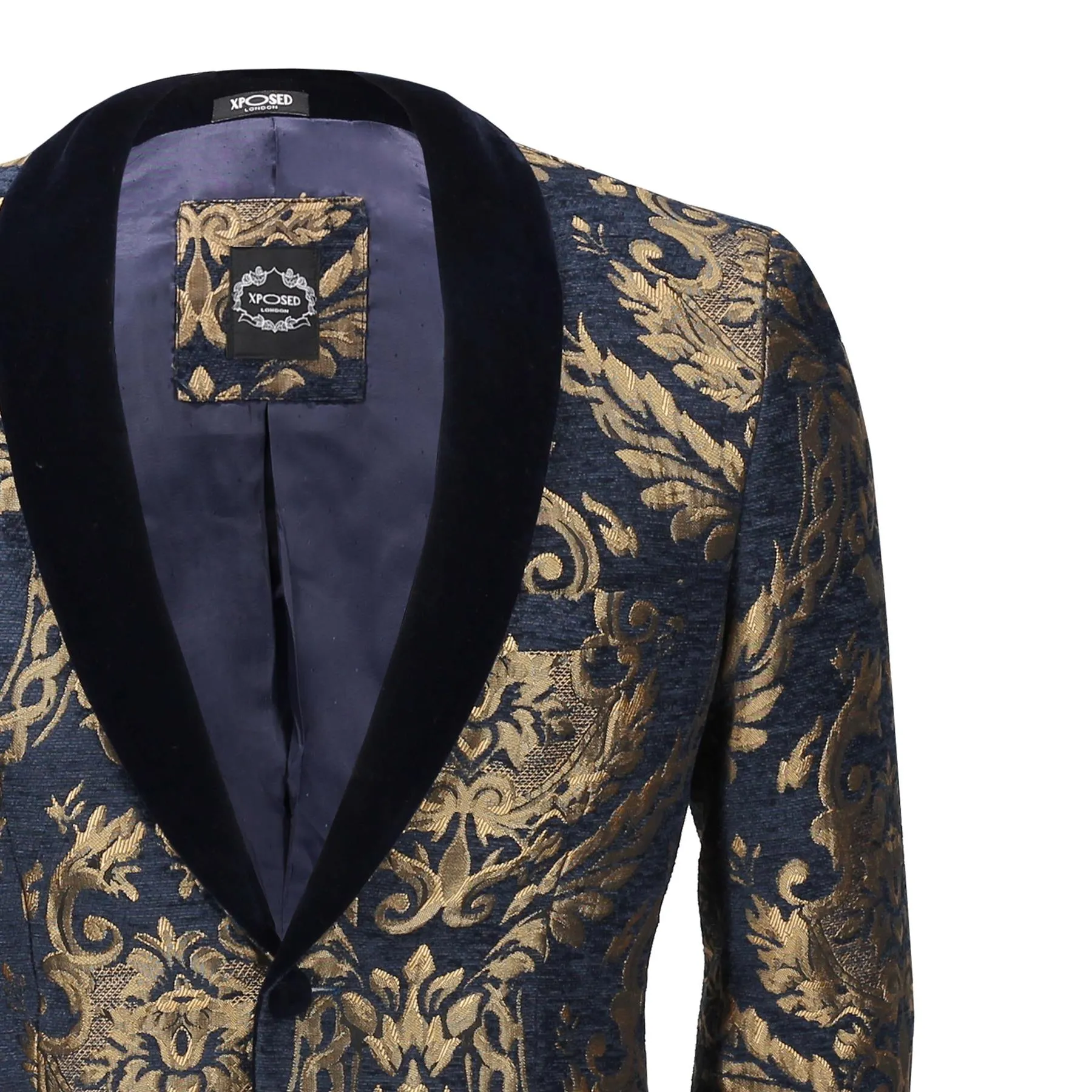 GLEN - GOLD BROCADE ON FLOCKED NAVY VELVET LAPEL JACQUARD BLAZER