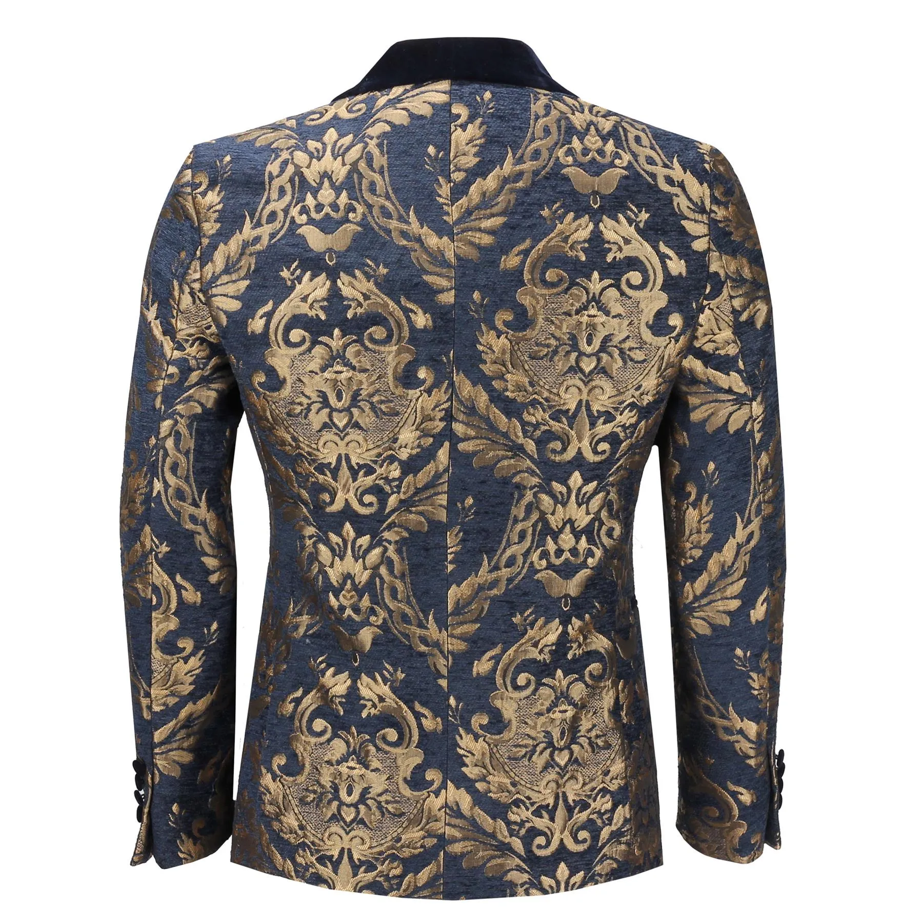 GLEN - GOLD BROCADE ON FLOCKED NAVY VELVET LAPEL JACQUARD BLAZER