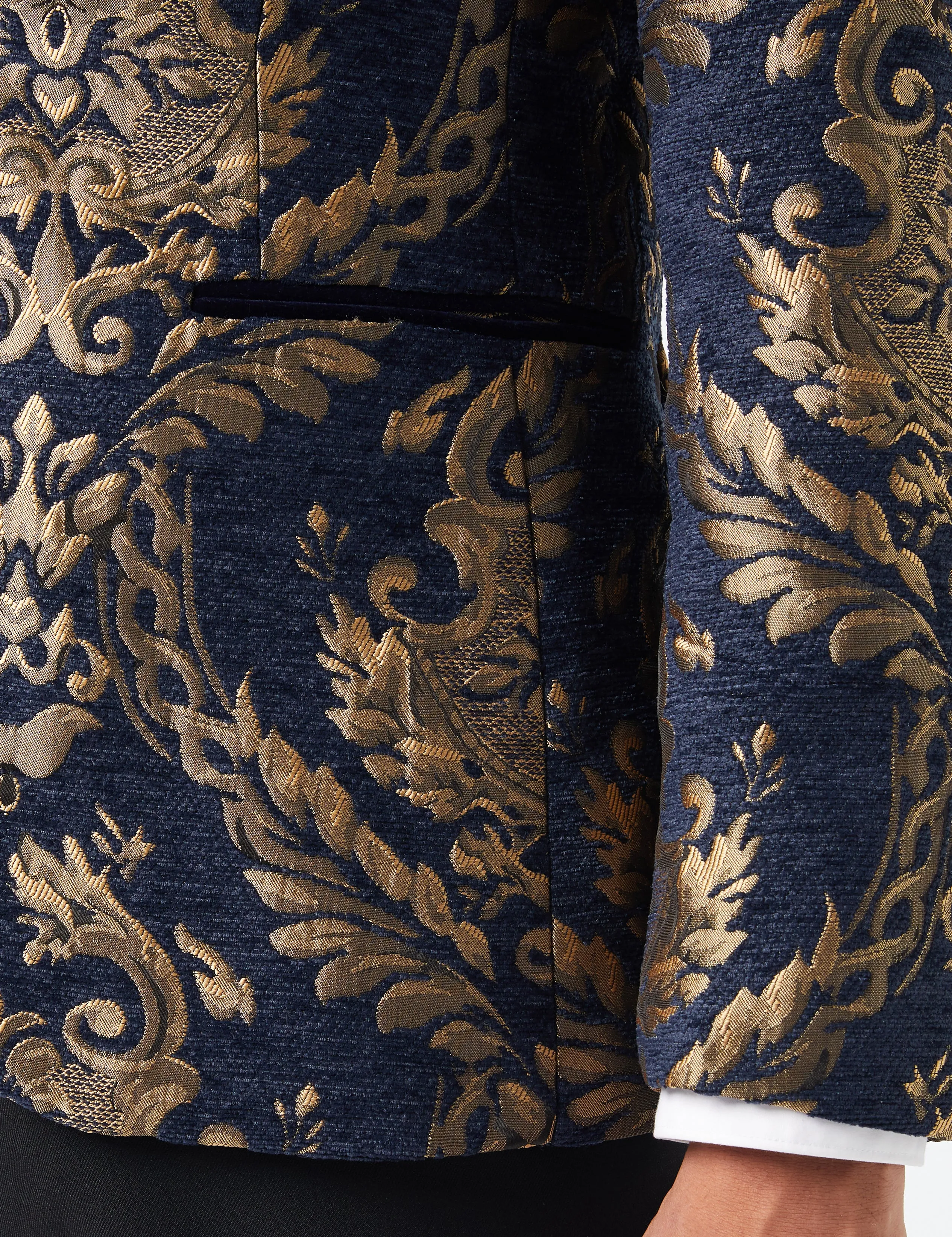 GLEN - GOLD BROCADE ON FLOCKED NAVY VELVET LAPEL JACQUARD BLAZER