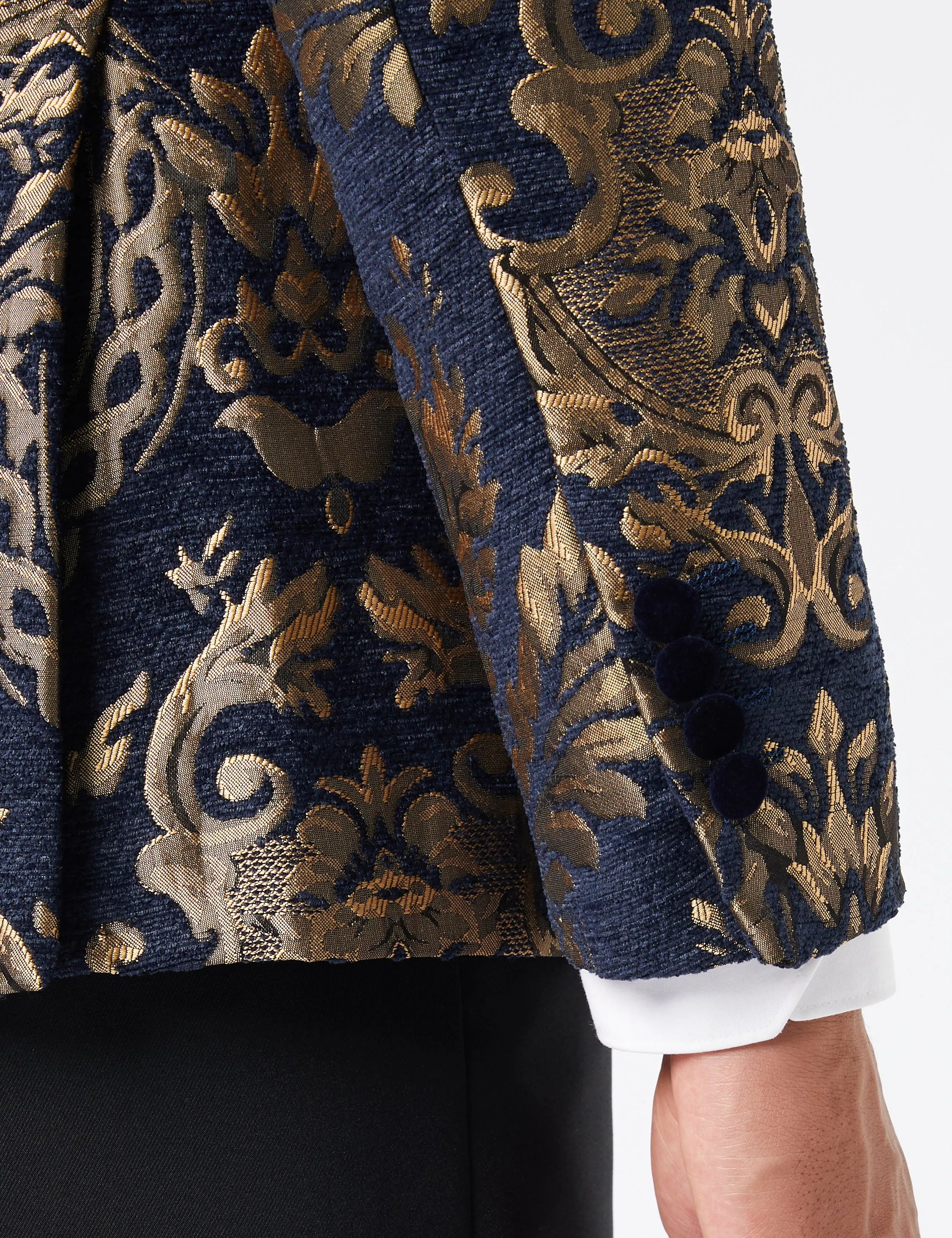 GLEN - GOLD BROCADE ON FLOCKED NAVY VELVET LAPEL JACQUARD BLAZER