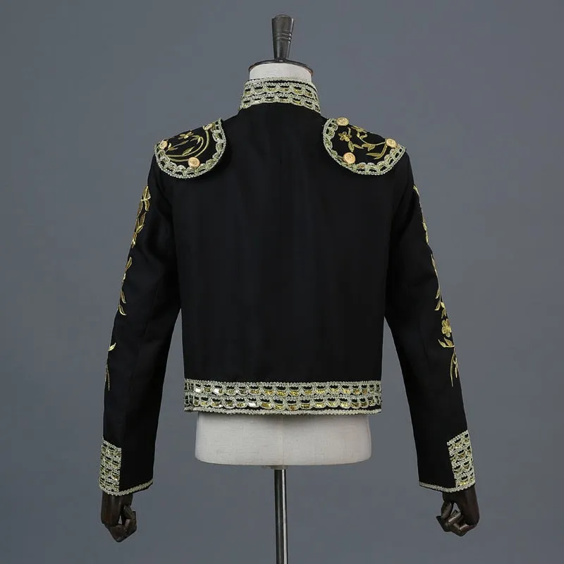 Gold Embroidery Tassel Sequin Black Stage Set Costume Men Blazer