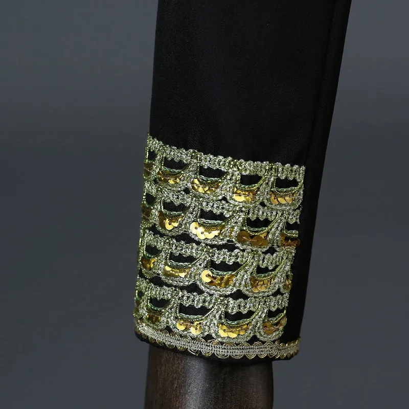 Gold Embroidery Tassel Sequin Black Stage Set Costume Men Blazer