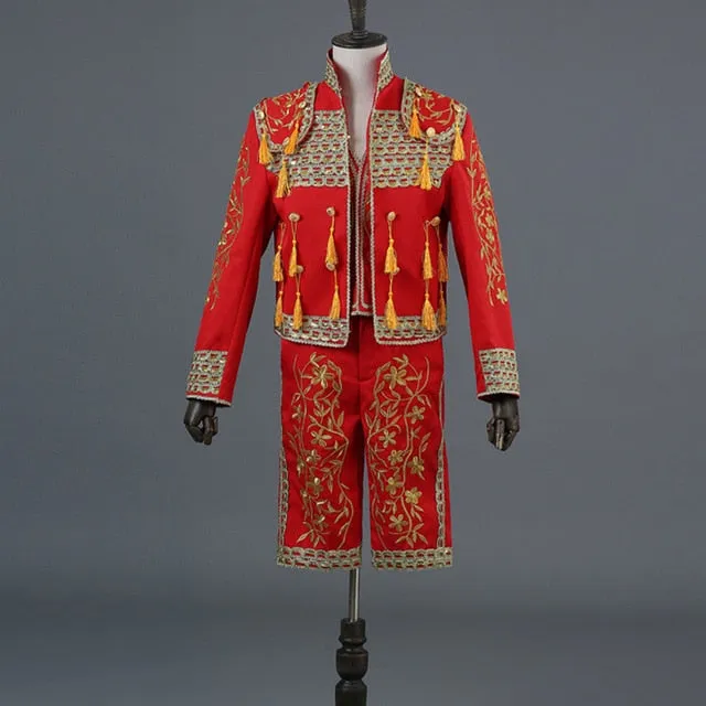 Gold Embroidery Tassel Sequin Black Stage Set Costume Men Blazer