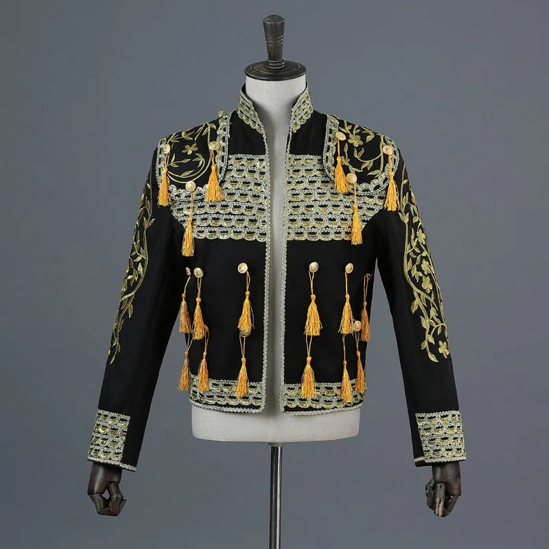 Gold Embroidery Tassel Sequin Black Stage Set Costume Men Blazer