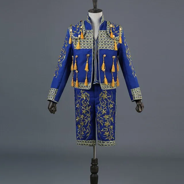 Gold Embroidery Tassel Sequin Black Stage Set Costume Men Blazer