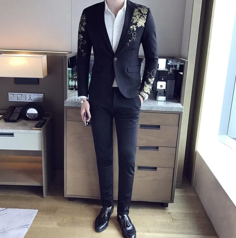Gold Flower Print in Black One Button Slim Suit Style Men Blazer