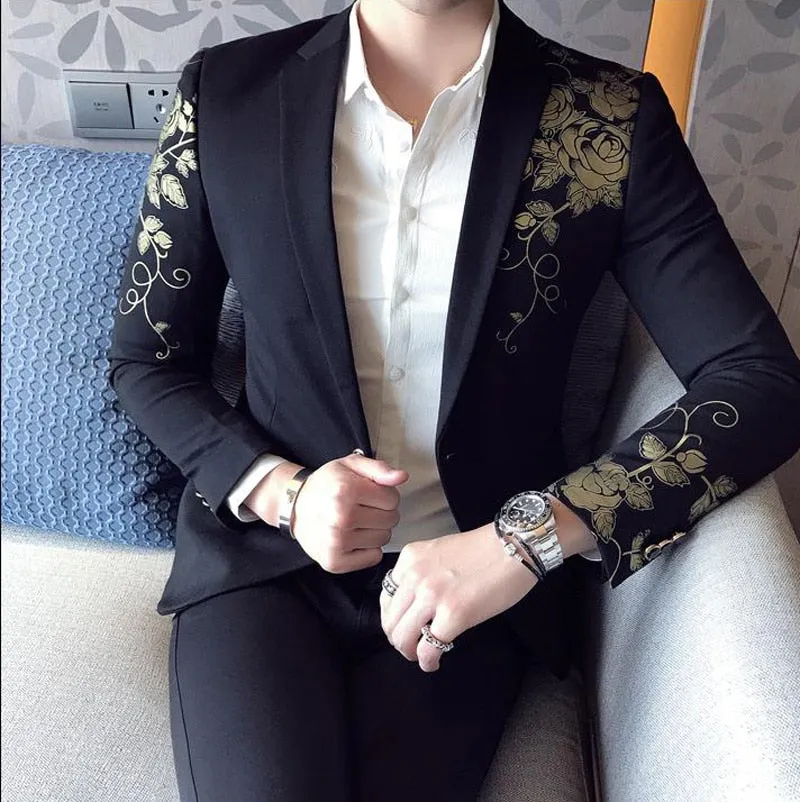 Gold Flower Print in Black One Button Slim Suit Style Men Blazer