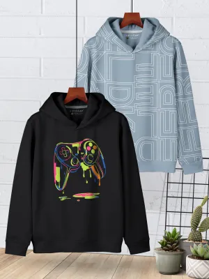 HELLCAT Black , Bluish Grey Trendy Printed Cotton Blend Hoodie Sweatshirt For Boys - Pack of 2