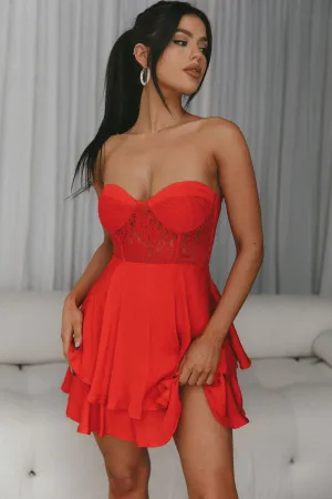 In Your Arms Strapless Lace Bodice Layered Hem Mini Dress Red