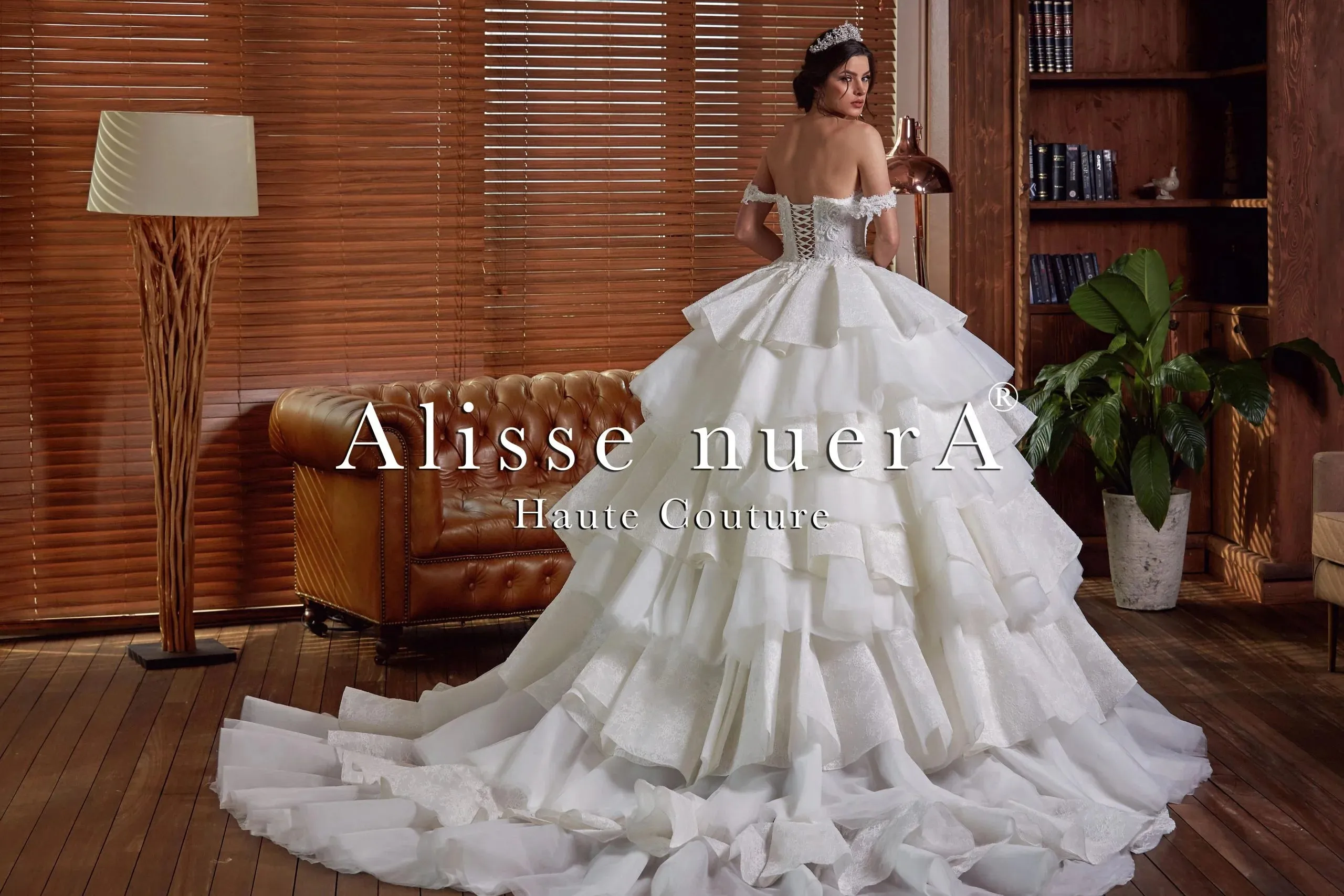 Lace and Tulle Layered Ruffle Wedding Dress with Off the Shoulder Lace Applique