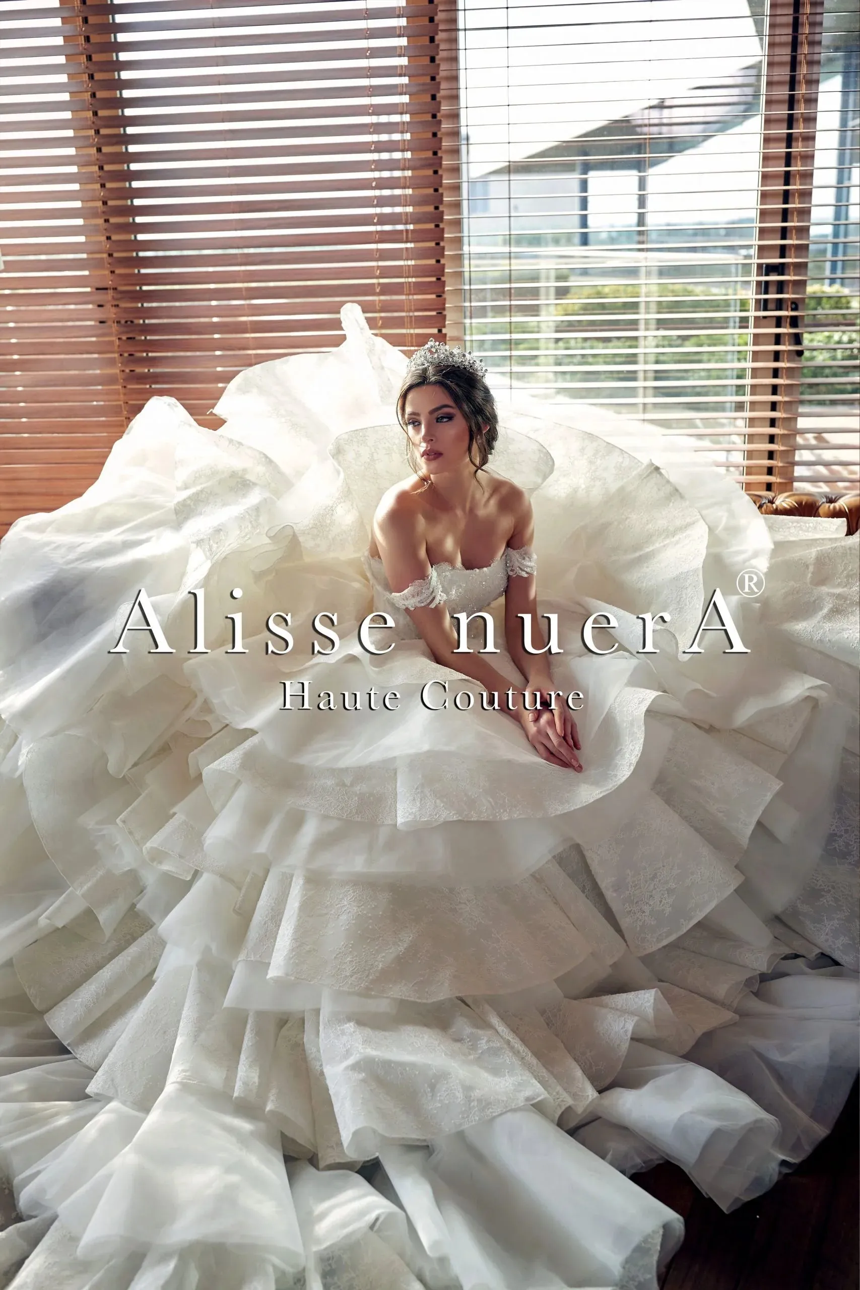 Lace and Tulle Layered Ruffle Wedding Dress with Off the Shoulder Lace Applique