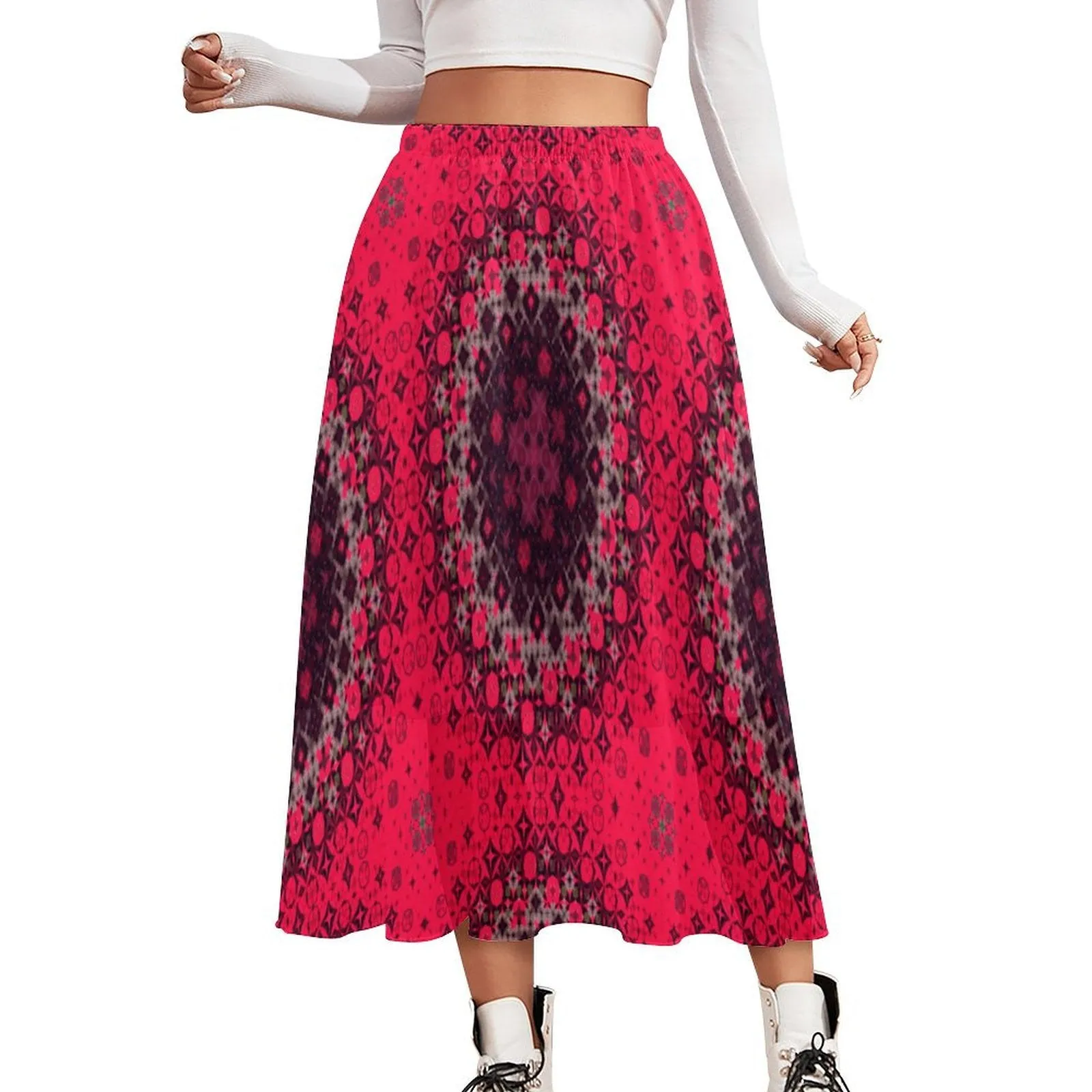 Layered Chiffon Skirt Red Hollyhocks Geometric