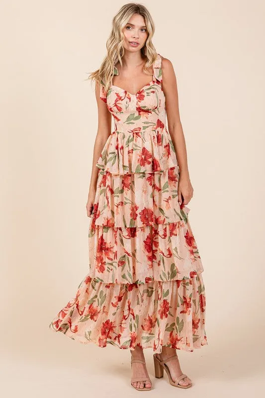 Layered Floral Sweetheart Neck Maxi Dress in Coral