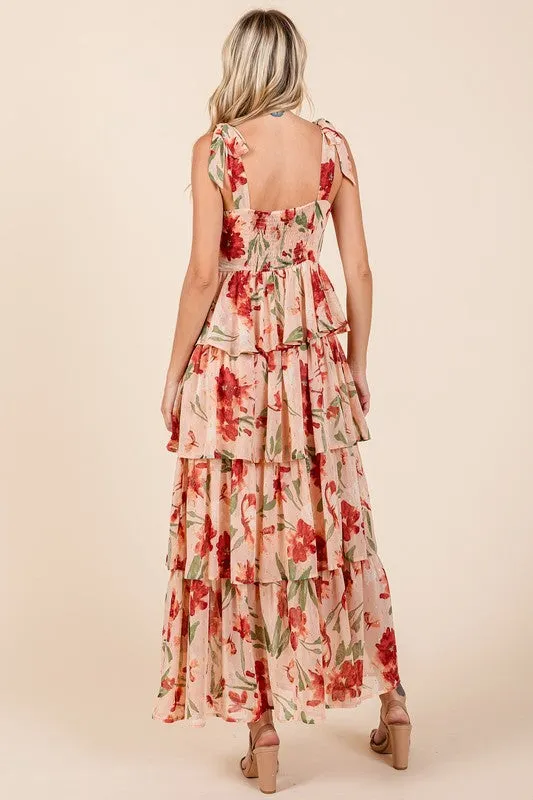 Layered Floral Sweetheart Neck Maxi Dress in Coral