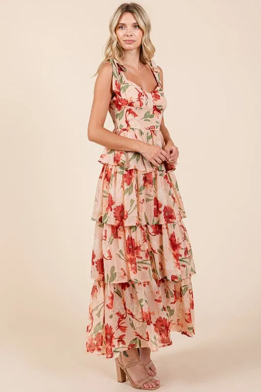 Layered Floral Sweetheart Neck Maxi Dress in Coral