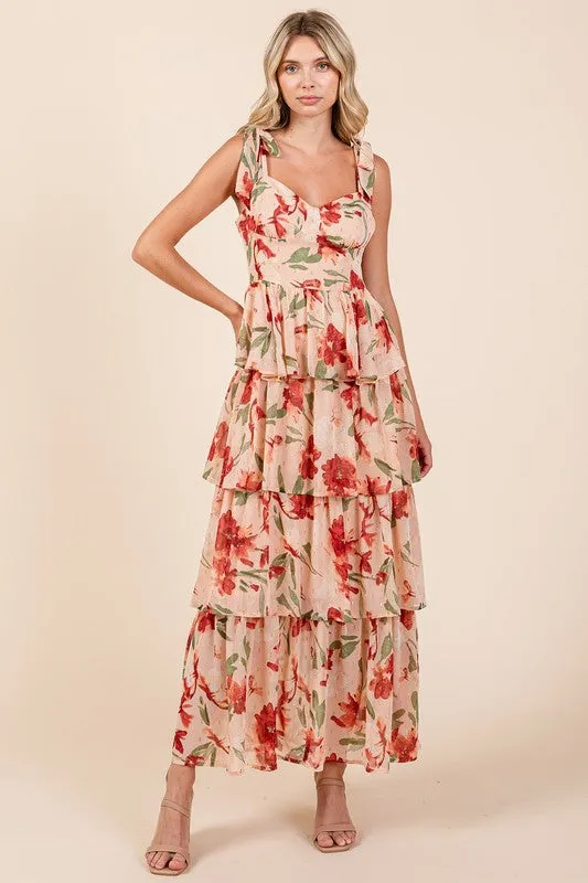 Layered Floral Sweetheart Neck Maxi Dress in Coral
