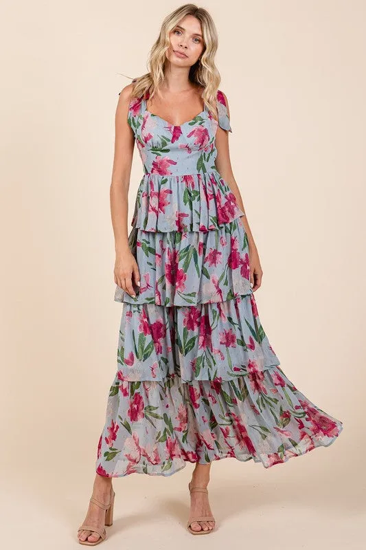 Layered Floral Sweetheart Neck Maxi Dress in Dusty Blue