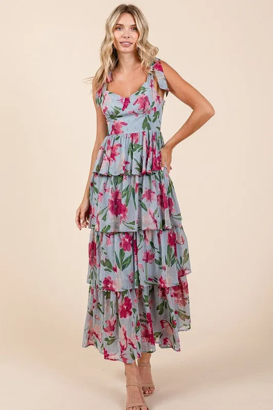 Layered Floral Sweetheart Neck Maxi Dress in Dusty Blue