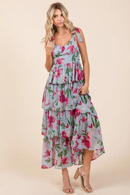 Layered Floral Sweetheart Neck Maxi Dress in Dusty Blue