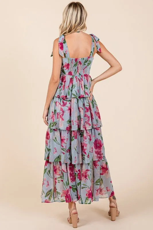Layered Floral Sweetheart Neck Maxi Dress in Dusty Blue