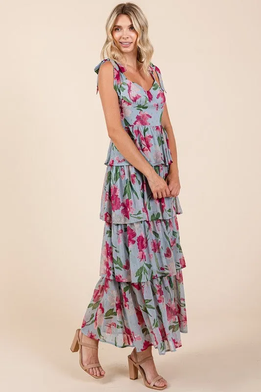 Layered Floral Sweetheart Neck Maxi Dress in Dusty Blue