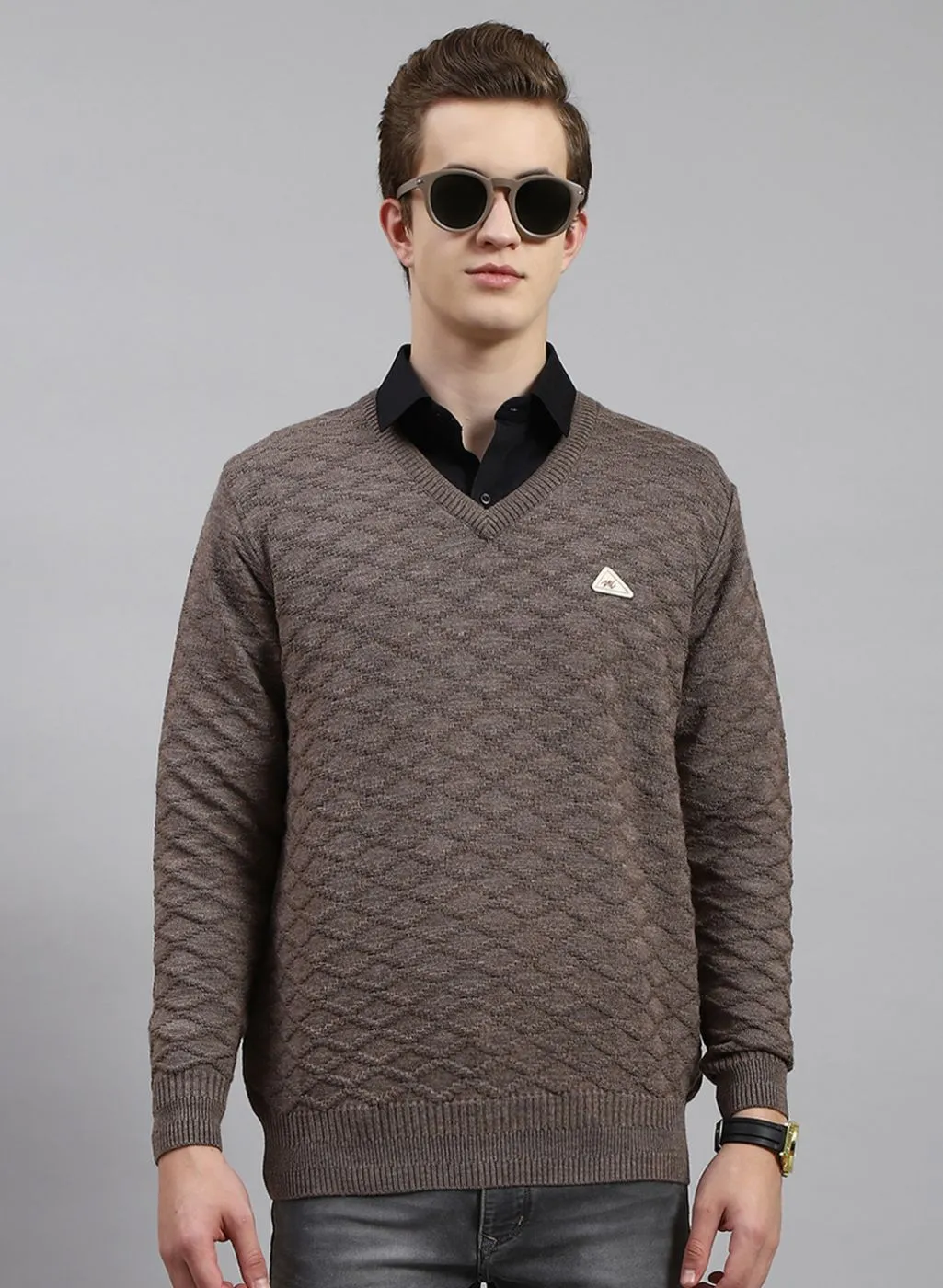 Men Beige Self Design Wool blend Pullover