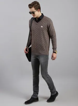 Men Beige Self Design Wool blend Pullover