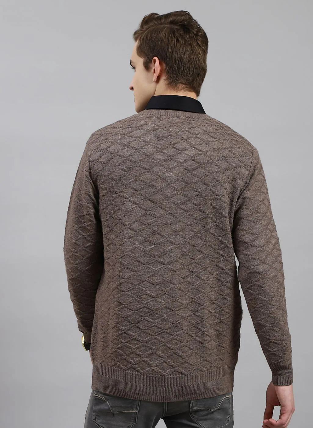 Men Beige Self Design Wool blend Pullover