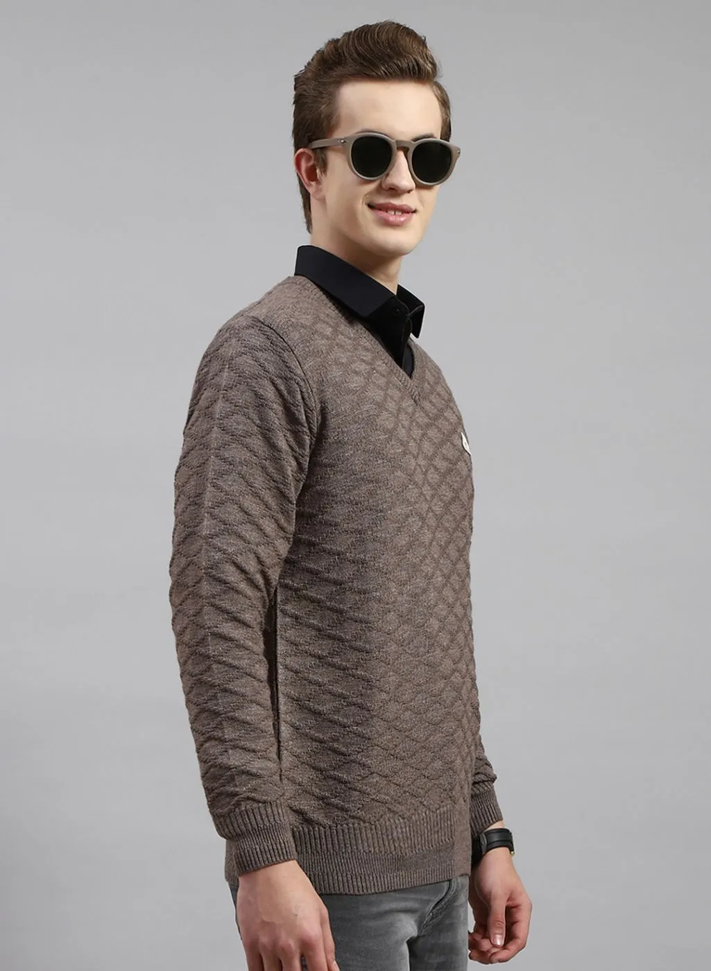 Men Beige Self Design Wool blend Pullover