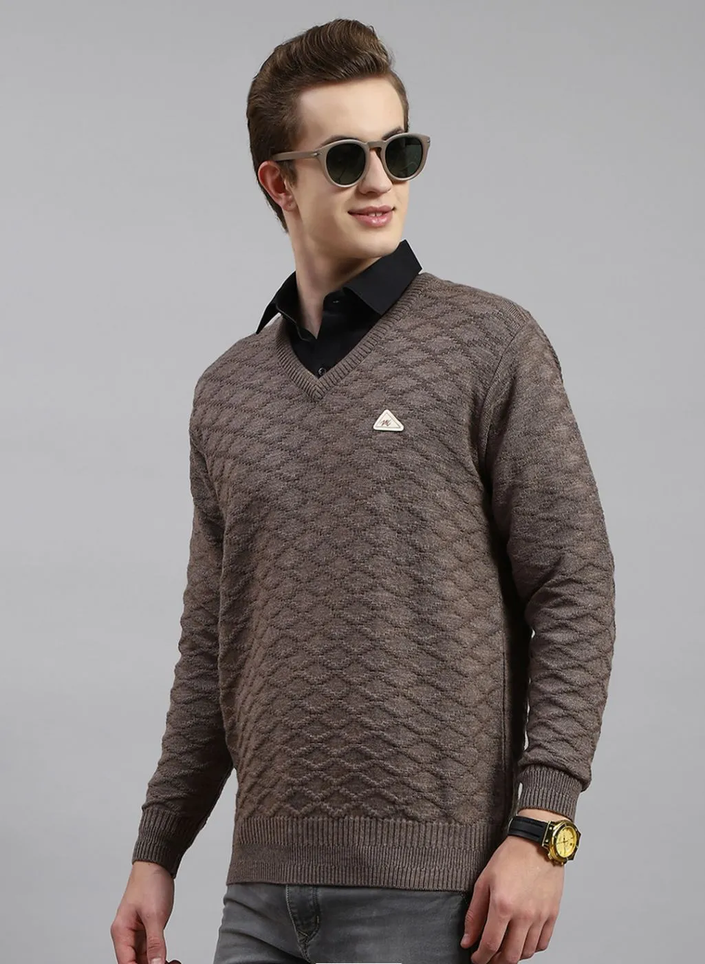 Men Beige Self Design Wool blend Pullover