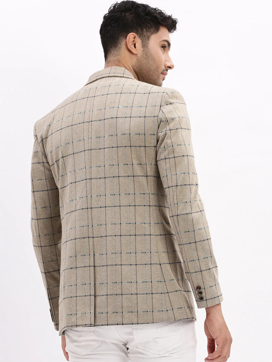 Men Checked Beige Single Breasted Blazer