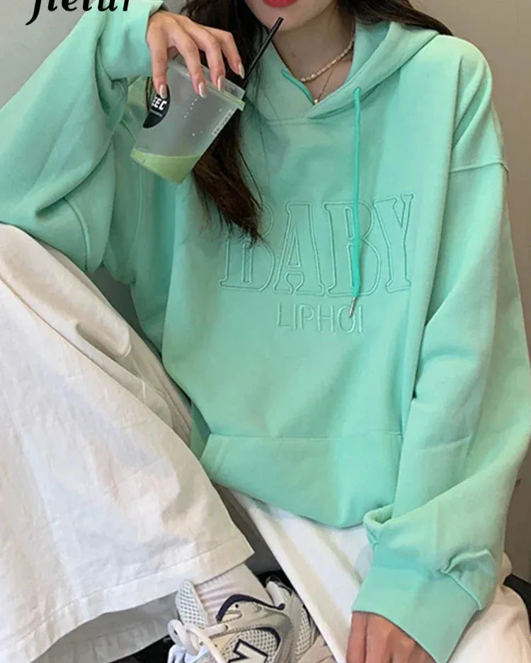 Metaversmall M-XL Embroidered Letter Hoodies Women Hooded Pocket Streetswear Harajuku BF Leisure Female Sweatshirt Autumn Loose Top