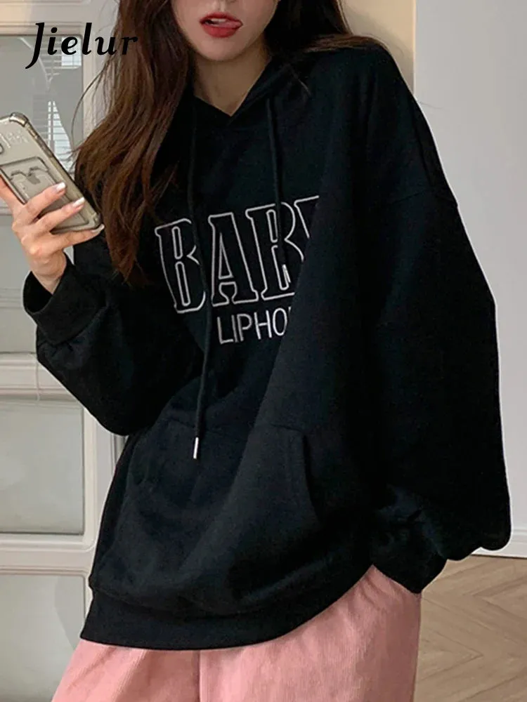 Metaversmall M-XL Embroidered Letter Hoodies Women Hooded Pocket Streetswear Harajuku BF Leisure Female Sweatshirt Autumn Loose Top