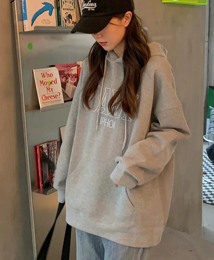 Metaversmall M-XL Embroidered Letter Hoodies Women Hooded Pocket Streetswear Harajuku BF Leisure Female Sweatshirt Autumn Loose Top