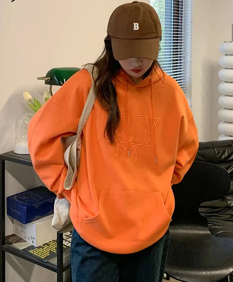 Metaversmall M-XL Embroidered Letter Hoodies Women Hooded Pocket Streetswear Harajuku BF Leisure Female Sweatshirt Autumn Loose Top
