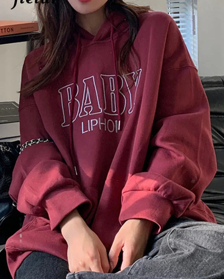Metaversmall M-XL Embroidered Letter Hoodies Women Hooded Pocket Streetswear Harajuku BF Leisure Female Sweatshirt Autumn Loose Top