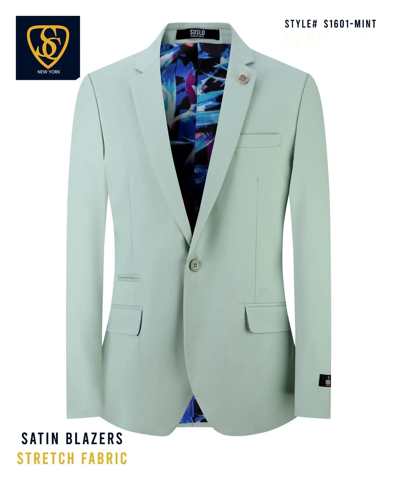 Mint Green Men's Blazer Jacket Stretch Fabric Notch Lapel Slim-Fit Style-S1601