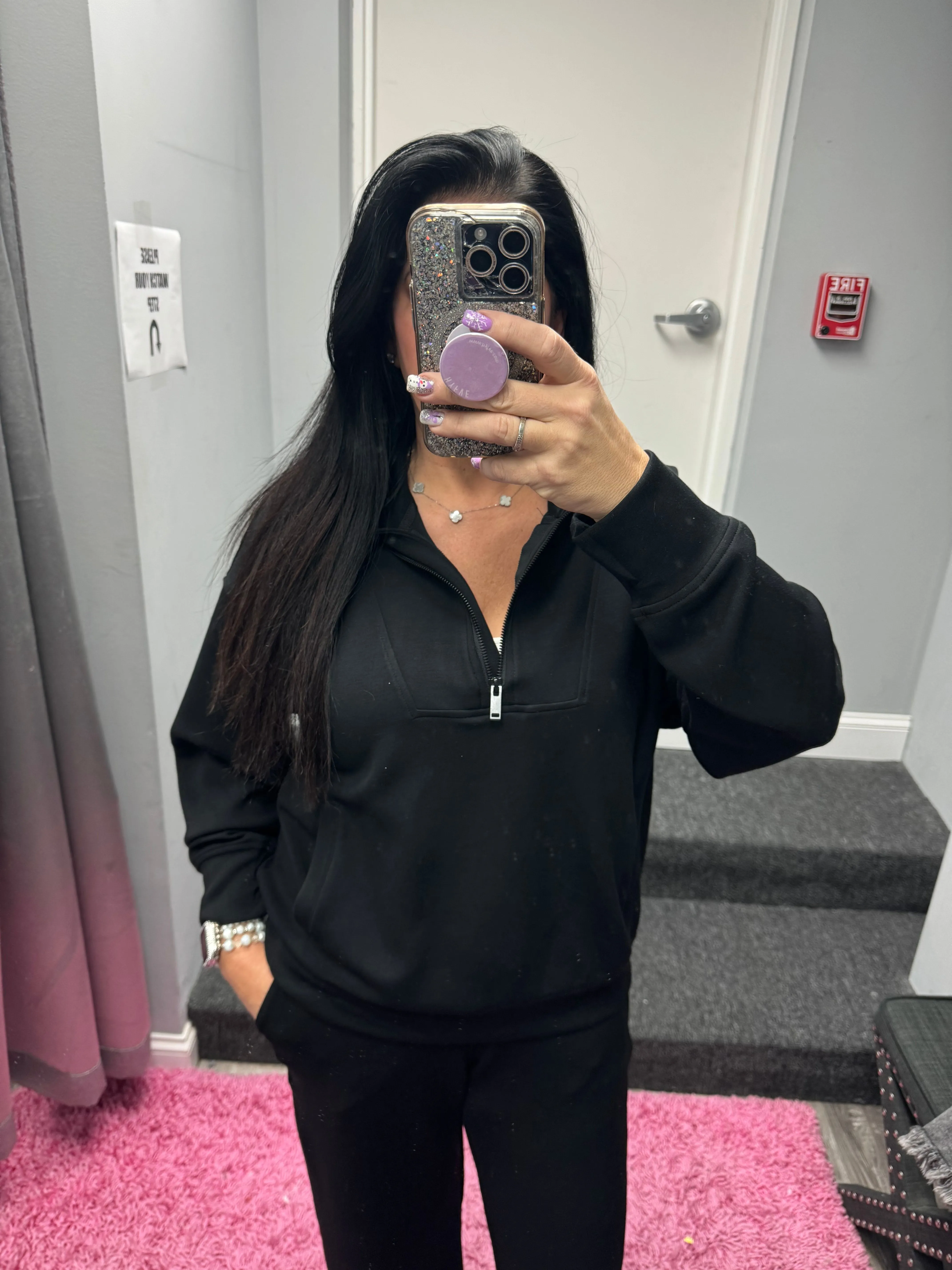 MODAL POLY SPAN QUARTER ZIP FUNNEL NECK PULLOVER - BLACK