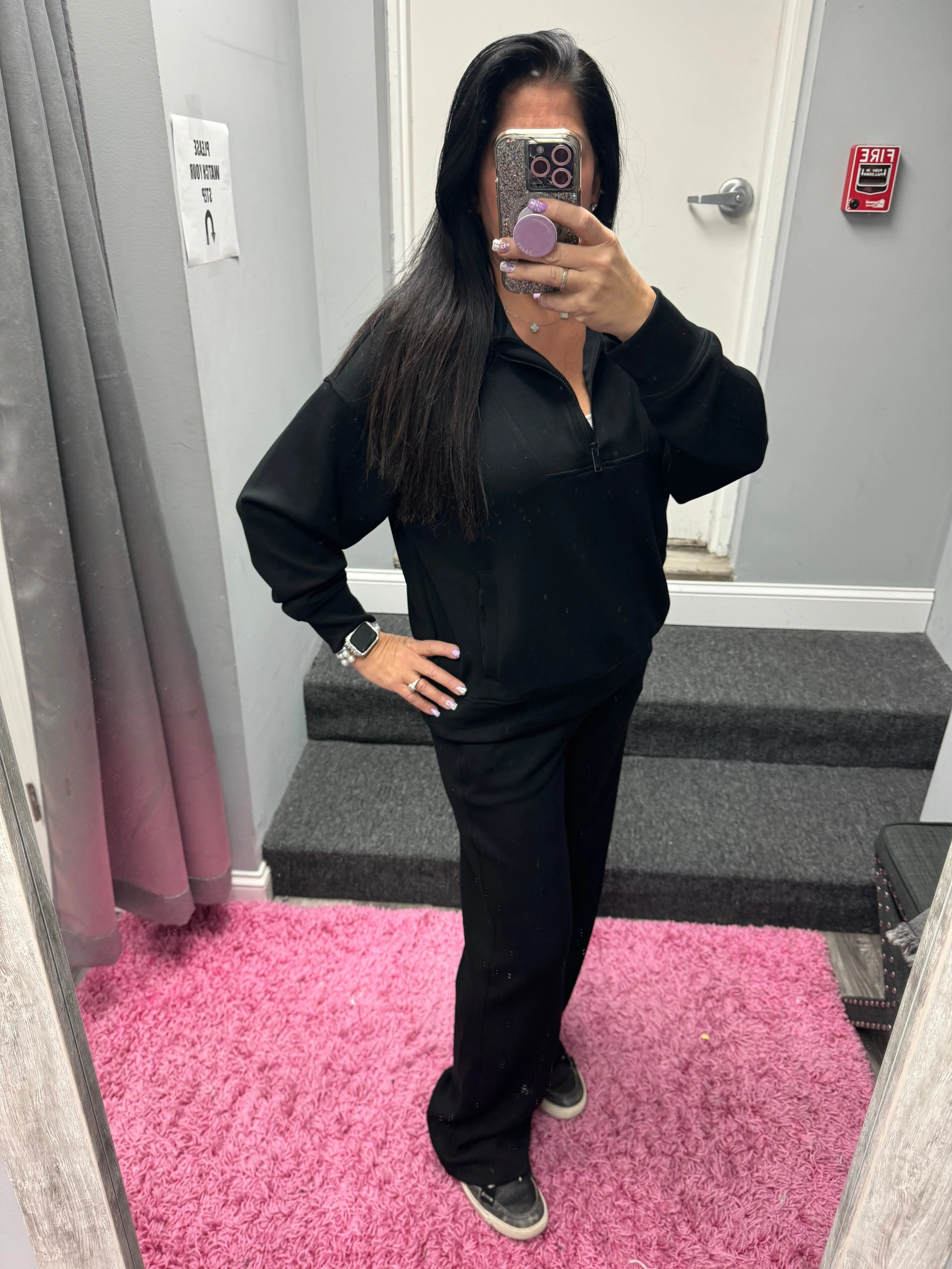 MODAL POLY SPAN QUARTER ZIP FUNNEL NECK PULLOVER - BLACK