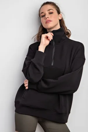 MODAL POLY SPAN QUARTER ZIP FUNNEL NECK PULLOVER - BLACK