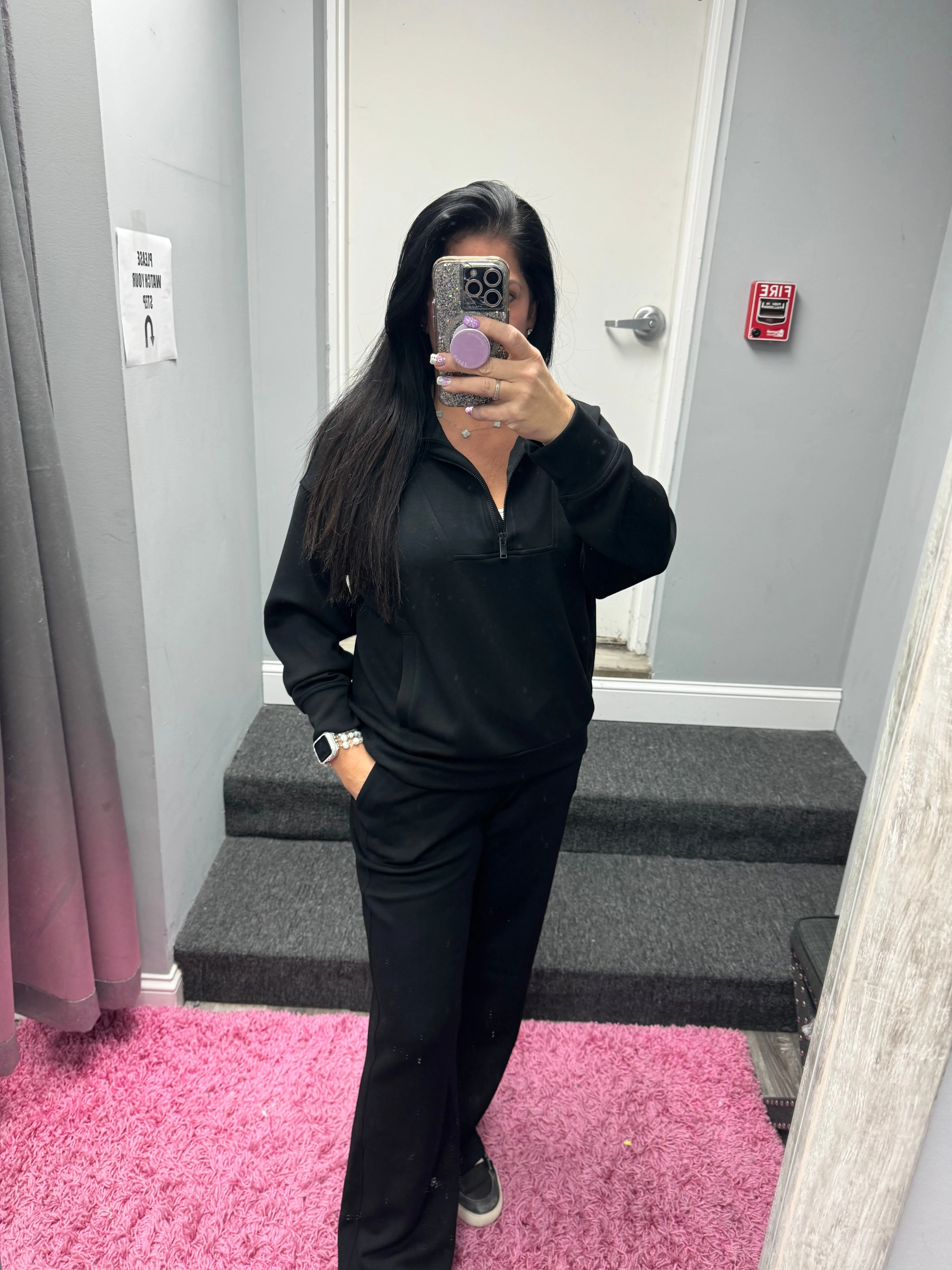 MODAL POLY SPAN QUARTER ZIP FUNNEL NECK PULLOVER - BLACK