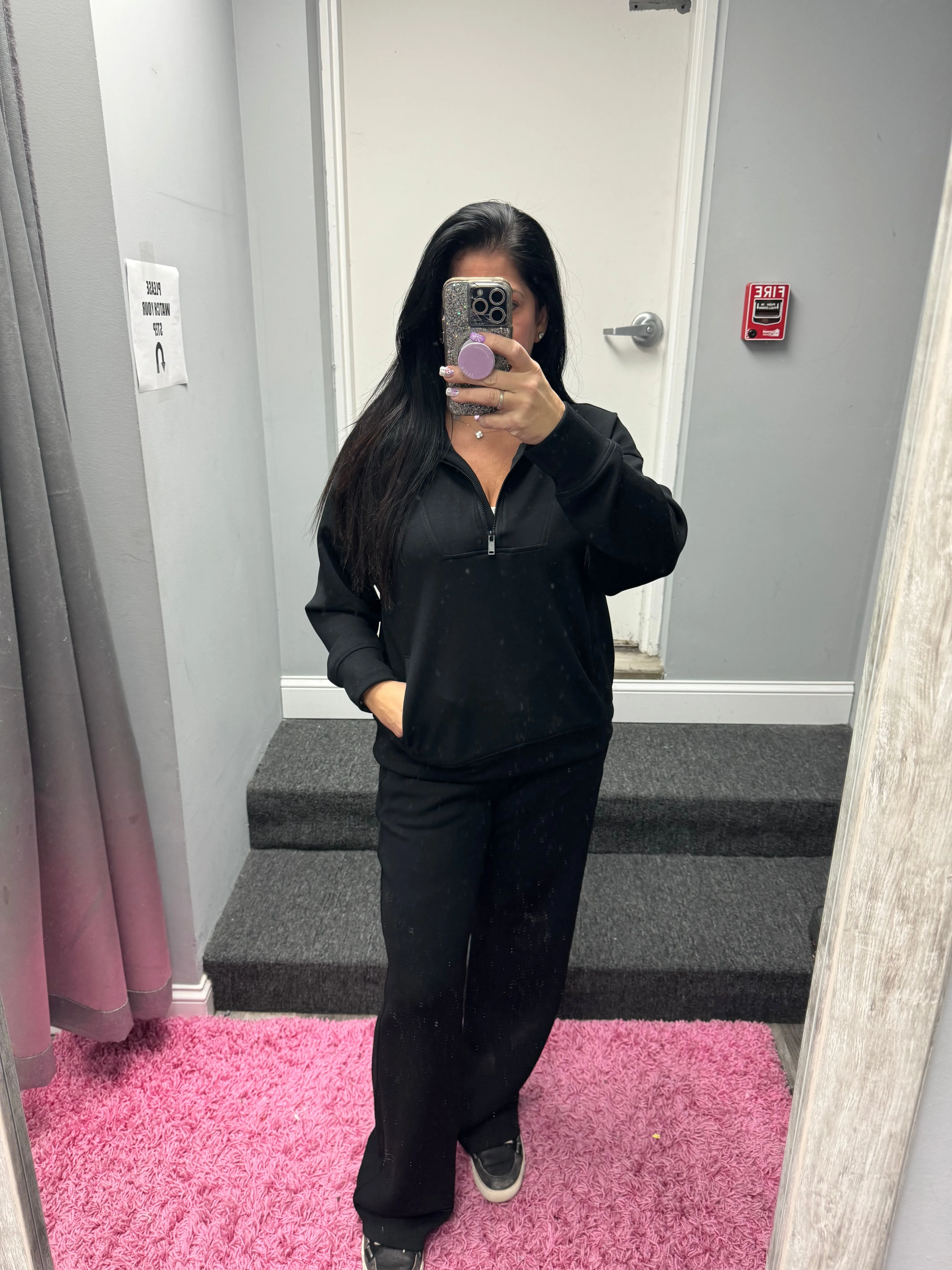 MODAL POLY SPAN QUARTER ZIP FUNNEL NECK PULLOVER - BLACK