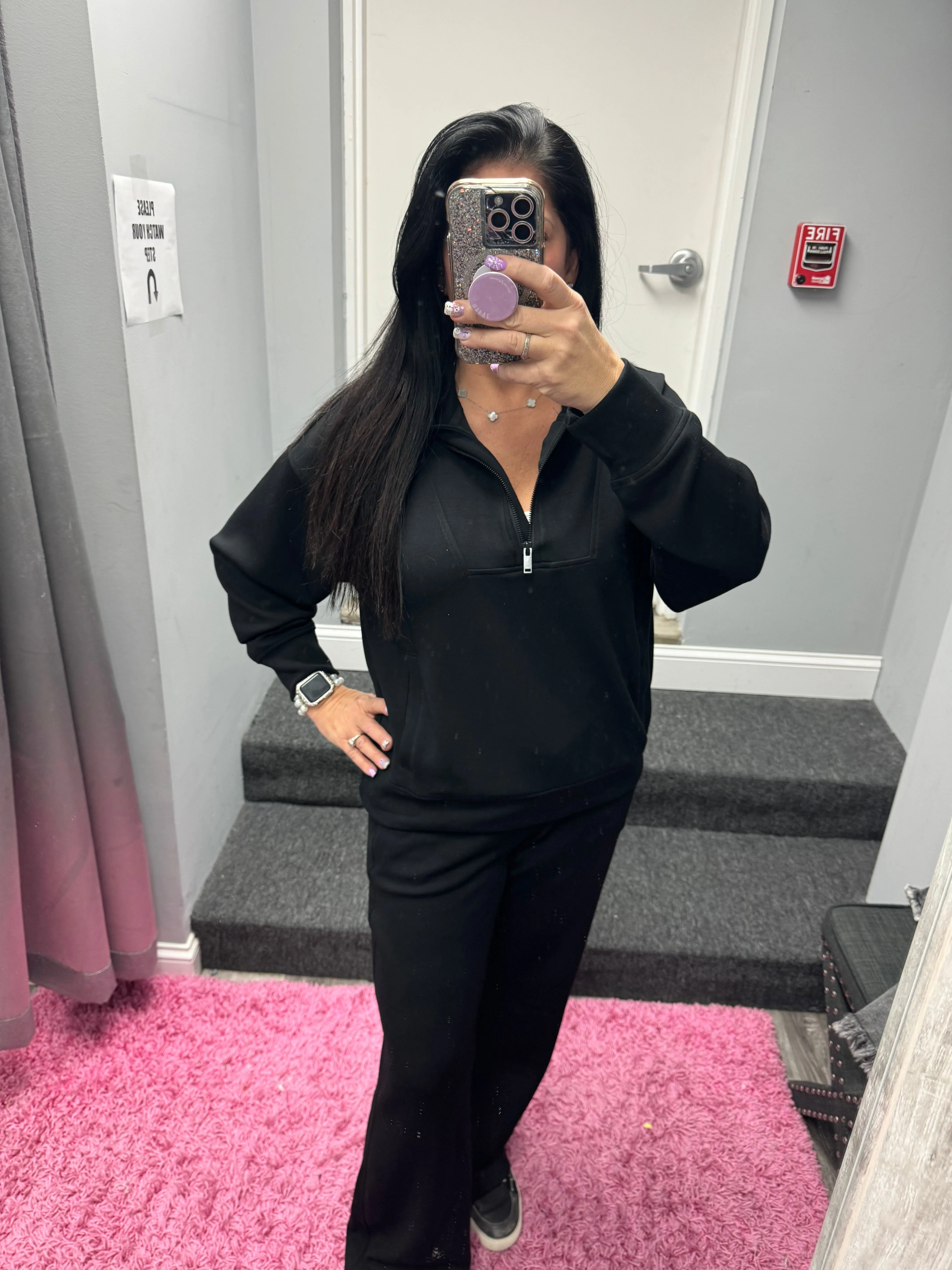 MODAL POLY SPAN QUARTER ZIP FUNNEL NECK PULLOVER - BLACK
