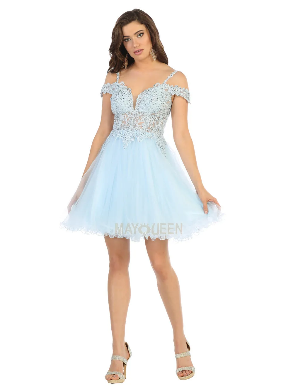 MQ 1668 - Cold Shoulder A-Line Homecoming Dress with Sheer Lace Embroidered Sweetheart Bodice & Layered Tulle Skirt