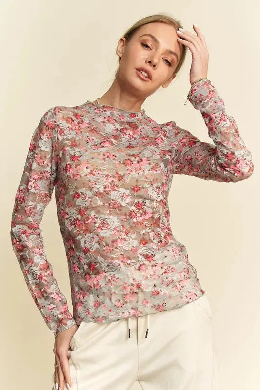 Pink Floral Mesh Long Sleeve Layering Top