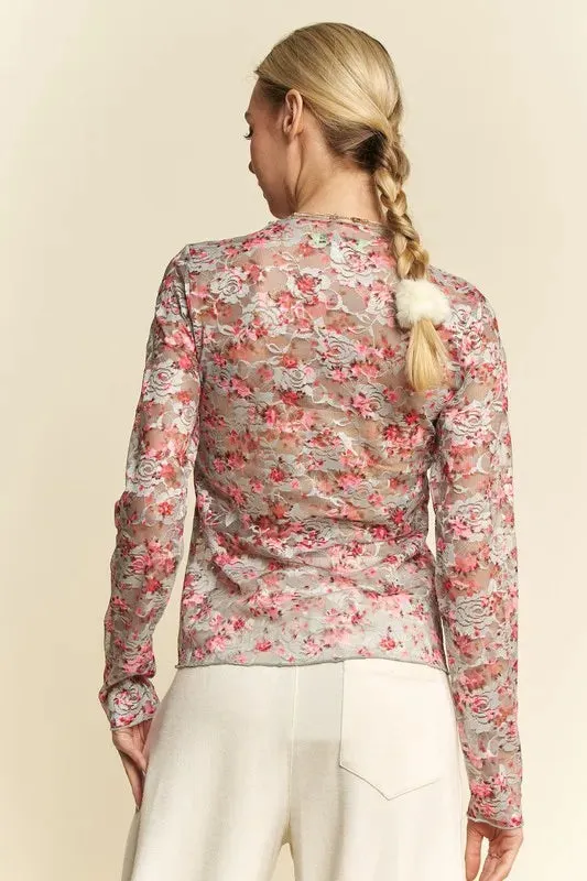 Pink Floral Mesh Long Sleeve Layering Top